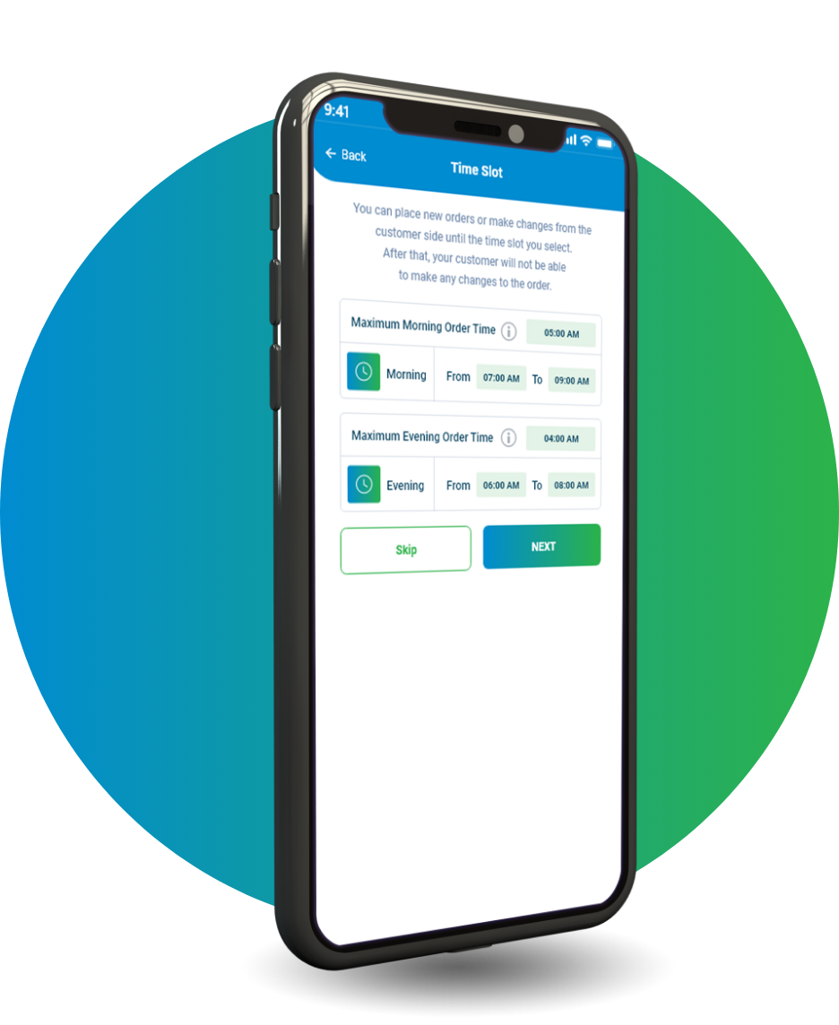 Delivery time slot setting in the MilkUp app